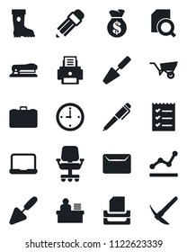 Set of vector isolated black icon - case vector, trowel, wheelbarrow, boot, clock, document search, checklist, point graph, manager desk, printer, paper tray, notebook pc, pencil, pen, stapler, mail