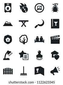 Set of vector isolated black icon - no laptop vector, rake, tree, sickle, picnic table, virus, clapboard, flame disk, speaker, favorites list, desk lamp, stamp, mountains, fence, sweet home