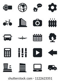 Set of vector isolated black icon - airport bus vector, left arrow, plane, building, office, calendar, tree, bike, camera, settings, video, laptop pc, play button, calculator, heater, city house