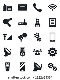 Set of vector isolated black icon - satellite antenna vector, gear, team, office phone, clipboard, microphone, remote control, share, mobile, call, cellular signal, mail, wireless, router