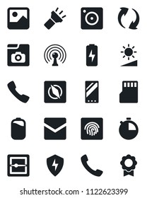 Set of vector isolated black icon - antenna vector, mobile, call, update, camera, gallery, protect, stopwatch, mail, scanner, sd, torch, brightness, compass, fingerprint id, photo, battery, charge
