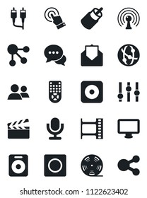 Set of vector isolated black icon - clapboard vector, film frame, reel, antenna, settings, microphone, remote control, network, touch screen, dialog, monitor, speaker, group, mail, rec button, rca