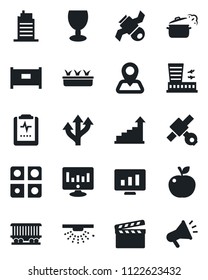Set of vector isolated black icon - fence vector, airport building, growth statistic, monitor, seedling, pulse clipboard, route, navigation, railroad, satellite, fragile, clapboard, application