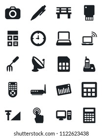 Set of vector isolated black icon - wireless notebook vector, calculator, pen, garden fork, bench, clock, barcode, satellite antenna, camera, remote control, touch screen, radio phone, sim, pc