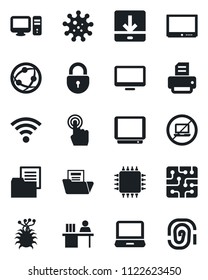 Set of vector isolated black icon - no laptop vector, lock, printer, virus, folder document, tv, network, touch screen, monitor, pc, download, wireless, manager desk, chip, fingerprint