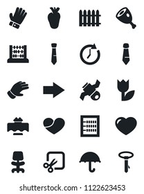 Set of vector isolated black icon - right arrow vector, office chair, abacus, tie, fence, glove, real heart, satellite, umbrella, tulip, cut, restaurant table, ham, clock