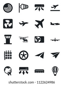 Set of vector isolated black icon - plane vector, airport tower, departure, wind, radar, helicopter, seat map, globe, air conditioner, fan, paper, balloon
