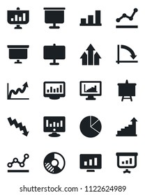Set of vector isolated black icon - growth statistic vector, presentation board, crisis graph, monitor, circle chart, statistics, bar, pie, point, arrow up