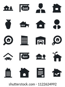 Set of vector isolated black icon - house vector, real heart, contract, with garage, tree, rent, sold signboard, estate search, agent, city, eco