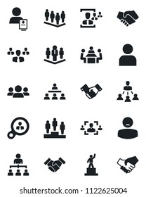 Set of vector isolated black icon - handshake vector, hierarchy, pedestal, team, patient, user, hr, meeting, company, consumer search, group