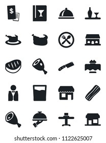 Set of vector isolated black icon - waiter vector, dish, alcohol, restaurant table, cafe, wine card, drink, bacon, building, receipt, chicken, steak, ham, knife, storefront