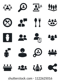 Set of vector isolated black icon - spoon and fork vector, male, speaking man, team, meeting, patient, group, company, hr, consumer search, social media