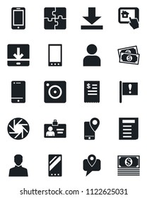 Set of vector isolated black icon - mobile phone vector, identity card, document, important flag, cash, tracking, cell, camera, user, download, application, restaurant receipt, home control app