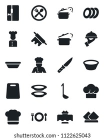 Set of vector isolated black icon - fridge vector, cook, restaurant table, cafe, hat, plates, waiter, ladle, bowl, rolling pin, cutting board, knife, steaming pan, serviette