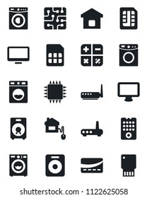 Set of vector isolated black icon - calculator vector, monitor, speaker, sim, washer, smart home, credit card, control, chip, remote, router, usb flash