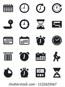 Set of vector isolated black icon - alarm clock vector, flight table, calendar, heavy scales, stopwatch, manager, schedule, sand