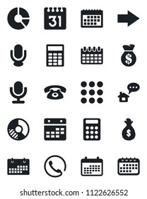 Set of vector isolated black icon - right arrow vector, calendar, circle chart, microphone, menu, calculator, phone, home message, money bag