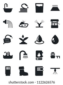 Set of vector isolated black icon - watering vector, boot, water drop, well, hose, sea port, pond, pool, bathroom, drink, irrigation, heater, warm floor, sprinkler