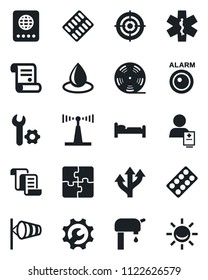 Set of vector isolated black icon - passport vector, bed, wind, contract, water drop, pills blister, ambulance star, patient, route, reel, antenna, application, root setup, target, supply, alarm led
