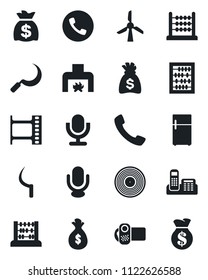 Set of vector isolated black icon - phone vector, abacus, money bag, sickle, film frame, vinyl, video camera, microphone, call, office, fireplace, fridge, windmill