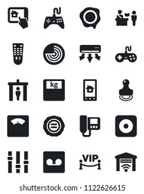Set of vector isolated black icon - passport control vector, security gate, radar, stamp, scales, gamepad, settings, remote, rec button, record, vip zone, air conditioner, intercome, home app