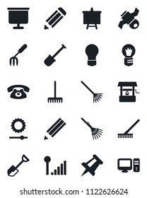 Set of vector isolated black icon - presentation board vector, drawing pin, bulb, pencil, garden fork, shovel, rake, well, satellite, brightness, cellular signal, phone, pc