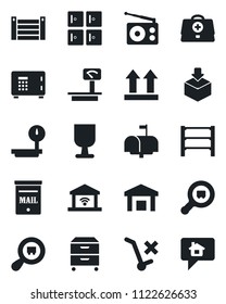 Set of vector isolated black icon - safe vector, checkroom, doctor case, container, fragile, up side sign, no trolley, warehouse, package, heavy scales, search cargo, rack, radio, archive box