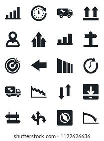 Set of vector isolated black icon - signpost vector, left arrow, route, navigation, up side sign, sorting, data exchange, download, compass, bar graph, moving, target, clock, crisis