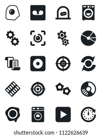 Set of vector isolated black icon - ticket office vector, washer, gear, contract, circle chart, stamp, pills blister, play button, rec, record, eye id, update, pie graph, target, omelette, clock