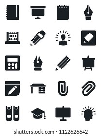 Set of vector isolated black icon - book vector, graduate, abacus, desk, notepad, presentation board, calculator, notes, paper clip, ink pen, pencil, shining head