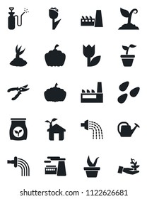 Set of vector isolated black icon - factory vector, seedling, watering can, sproute, pruner, pumpkin, seeds, garden sprayer, fertilizer, tulip, eco house, palm