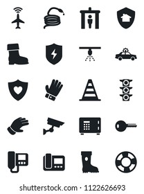 Set of vector isolated black icon - plane radar vector, security gate, alarm car, border cone, safe, glove, boot, hose, heart shield, traffic light, protect, key, intercome, home, surveillance