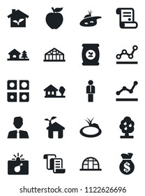 Set of vector isolated black icon - bomb in case vector, manager, contract, greenhouse, pond, fertilizer, application, point graph, house with tree, fruit, estate agent, apple, eco, money bag