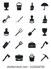 Set of vector isolated black icon - suitcase vector, stamp, shovel, farm fork, bucket, axe, scalpel, fragile, umbrella, themes, case, hard work