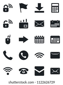 Set of vector isolated black icon - phone vector, right arrow, mail, mouse, calendar, call, download, wireless, calculator, lock, flag