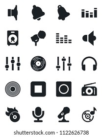 Set of vector isolated black icon - vinyl vector, flame disk, microphone, radio, speaker, settings, equalizer, headphones, stop button, tuning, bell, record, music