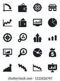 Set of vector isolated black icon - growth statistic vector, money bag, crisis graph, store, monitor statistics, pie, target, consumer search, arrow up, wallet, presentation