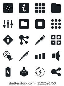 Set of vector isolated black icon - package vector, sorting, settings, touch screen, stop button, menu, folder, charge, application, pen, sound, information, social media