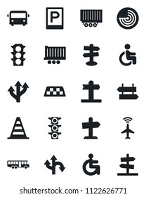 Set of vector isolated black icon - plane radar vector, taxi, airport bus, parking, signpost, border cone, disabled, route, traffic light, truck trailer, guidepost