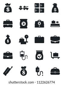 Set of vector isolated black icon - suitcase vector, baggage conveyor, trolley, larry, luggage scales, checkroom, case, money bag, fertilizer, doctor, dropper