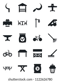 Set of vector isolated black icon - cafe vector, ladder car, rake, sickle, garden light, picnic table, fertilizer, bike, restaurant, alcove, outdoor lamp
