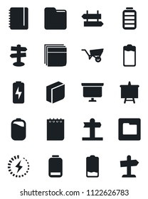 Set of vector isolated black icon - signpost vector, notepad, presentation board, wheelbarrow, battery, low, folder, charge, blank box, guidepost