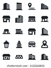 Set of vector isolated black icon - taxi vector, shop, office building, garden light, navigation, store, city house, cafe, storefront