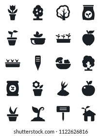 Set of vector isolated black icon - flower in pot vector, seedling, tree, sproute, plant label, fertilizer, fruit, salad, apple, eco house