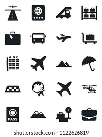 Set of vector isolated black icon - plane vector, runway, taxi, suitcase, baggage trolley, airport bus, umbrella, passport, ladder car, helicopter, seat map, luggage storage, scales, globe, case