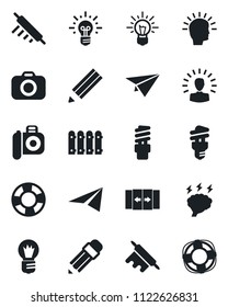 Set of vector isolated black icon - automatic door vector, brainstorm, bulb, camera, pencil, fence, rolling pin, energy saving, shining head, idea, paper plane, crisis management