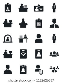 Set of vector isolated black icon - reception vector, manager, identity card, place, patient, user, desk, estate agent, pass, group