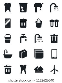 Set of vector isolated black icon - trash bin vector, shower, bucket, tooth, mobile, blank box, water supply, bathroom, serviette, filter, windmill