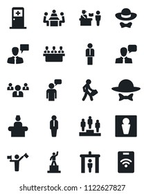 Set of vector isolated black icon - dispatcher vector, passport control, security gate, male, reception, medical room, manager, speaking man, pedestal, team, speaker, meeting, dress code, pass card