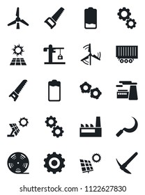 Set of vector isolated black icon - gear vector, factory, saw, sickle, truck trailer, reel, battery, low, sun panel, windmill, crane, hard work